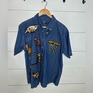 Vintage Blue Generation Denim Cat Shirt Embroidered Cats Print Pocket Large